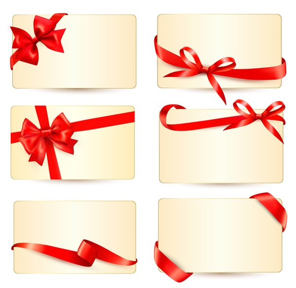 Set of beautiful gift cards with red gift bows with ribbons Vect - Wektor, obraz