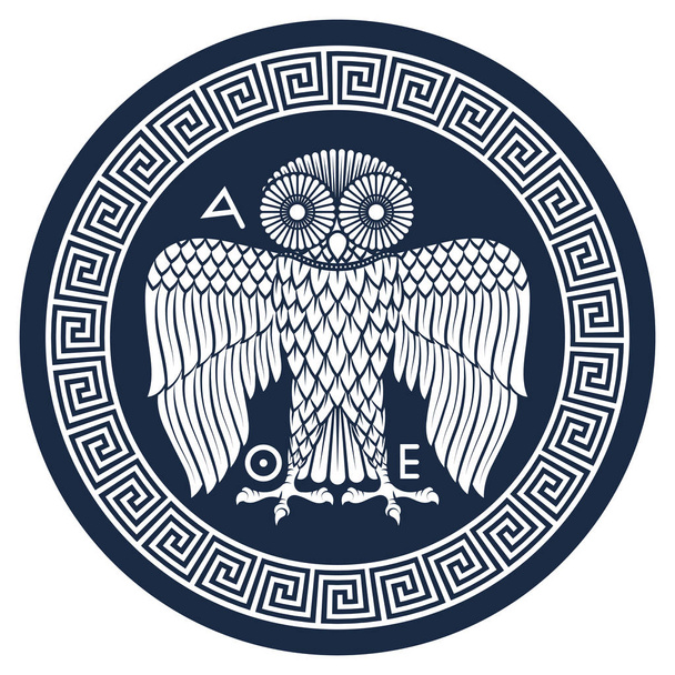 Ancient Greek shield with the image of an Owl and classical Greek meander ornament, vintage illustration - Vektor, Bild
