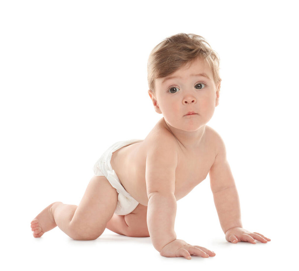 Cute little baby in diaper on white background - Fotoğraf, Görsel