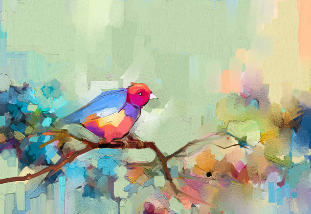 Abstract colorful oil, acrylic painting of bird and spring flower. Modern art paintings brush stroke on canvas. Illustration oil painting, animal and floral for background. - Foto, afbeelding