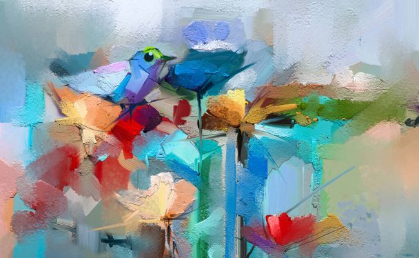 Abstract colorful oil, acrylic painting of bird and spring flower. Modern art paintings brush stroke on canvas. Illustration oil painting, animal and floral for background. - Zdjęcie, obraz