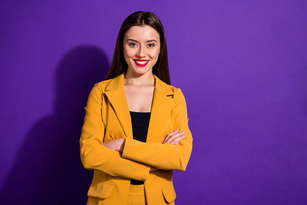 Portrait of charming girl beauty luxurious queen in vivid suit good look cross hands isolated over violet color background - Foto, afbeelding