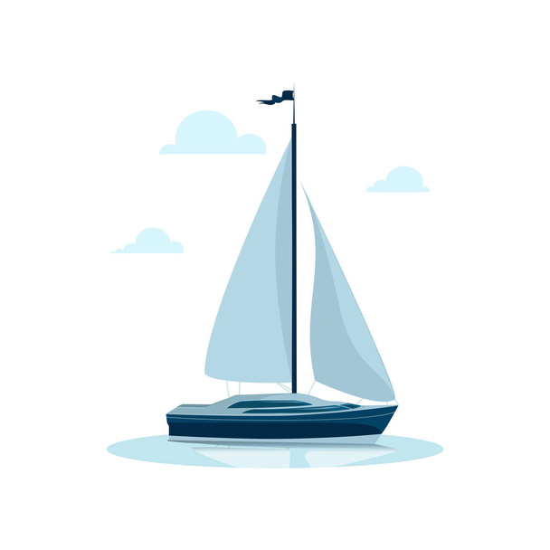 Vitorlás hajó lobogója. Vitorlás oldalsó nézet tükröződéssel hátterében a tengervíz. Luxus jacht verseny, óceán, vitorlás regatta vektor illusztráció. Tengeri utazás a világ körül, jachtverseny. - Vektor, kép