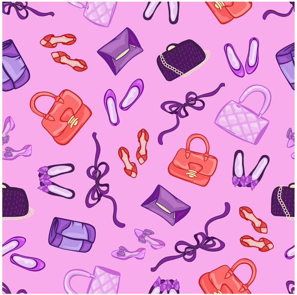  seamless pattern accessories bows fashion wrap girls handbags shoes vector wallpaper - Vector, Image