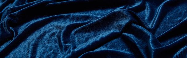 close up view of blue soft and crumpled velour textured cloth, panoramic shot - Foto, afbeelding