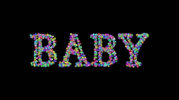BABY: 3D-kuva tekstistä, joka on tehty pienistä esineistä mustalla pohjalla varjoilla
 - Valokuva, kuva