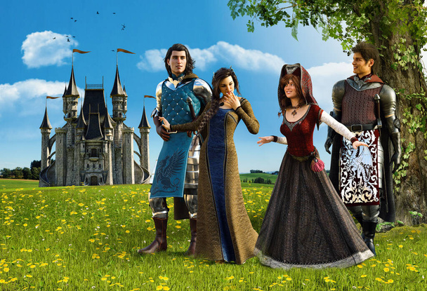 Mittelalterliche Prinzenpaare und Prinzessinnen spazieren durchs Land und unterhalten sich fröhlich neben ihrer Burg, 3D-Darstellung - Foto, Bild