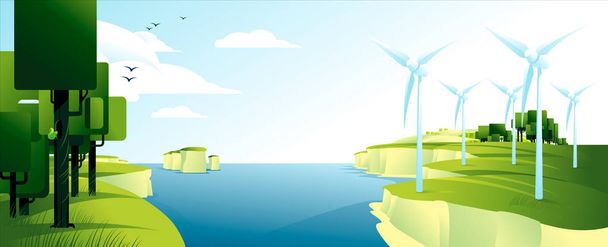Зелений енергетичний ландшафт з електричним вітряком на березі річки
 - Вектор, зображення
