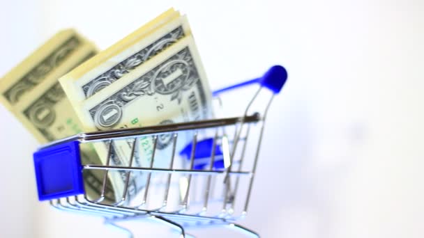 Small shopping trolley and dollars in it. Shopping concept. - Materiaali, video
