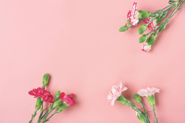 ピンクの背景に異なるピンクのカーネーションの花の花束トップビューフラットレイホリデーカード8 3月,ハッピーバレンタインデー,母の日のコンセプト. - 写真・画像