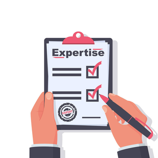 Expertise concept. Expert holding in hand clipboard and pen - Vector, Image