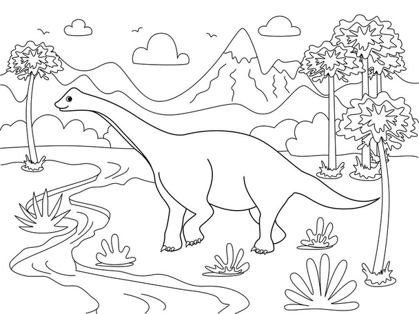 Diplodocus Animal. Děti zbarvení. Černé čáry, bílé pozadí. Kreslený vektor - Vektor, obrázek