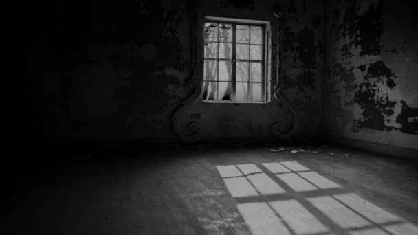 Une vieille chambre sombre abandonnée avec des murs de briques endommagés et une fenêtre en bois
 - Séquence, vidéo