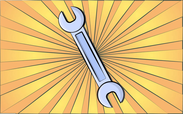 Stavební opravárenský klíč s otevřeným koncem pro utažení matice na pozadí abstraktních žlutých paprsků. Vektorová ilustrace - Vektor, obrázek
