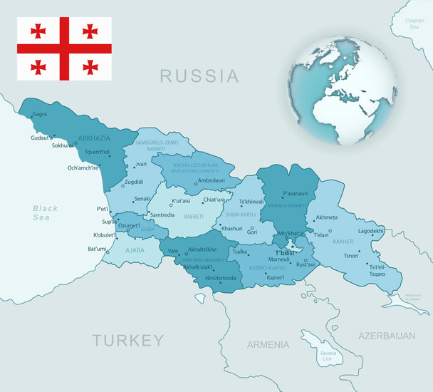 Mapa detallado de Georgia y divisiones administrativas con bandera del país y ubicación en el mundo
. - Vector, imagen