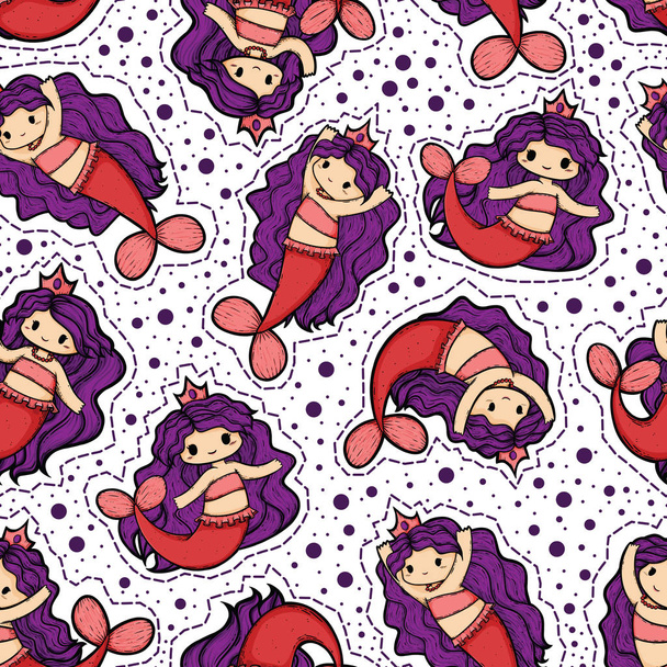 Cute Pink and Purple Mermaid in a Seamless Pattern - Photo, Image