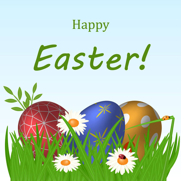 Bright banner with easter eggs in spring grass. - Vector, Imagen