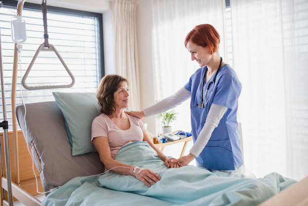 Female doctor examining patient in bed in hospital. - Valokuva, kuva
