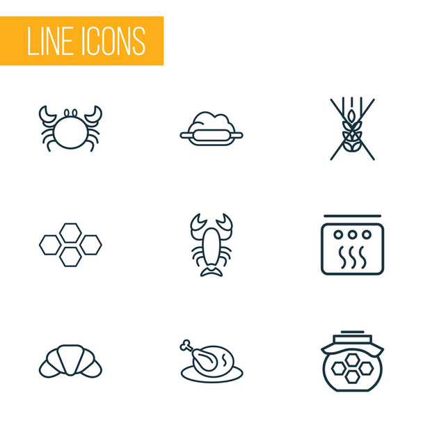 Eten pictogrammen lijn stijl set met croissant, kreeft, krab en andere franse roll elementen. Afzonderlijke illustratie eten pictogrammen. - Foto, afbeelding