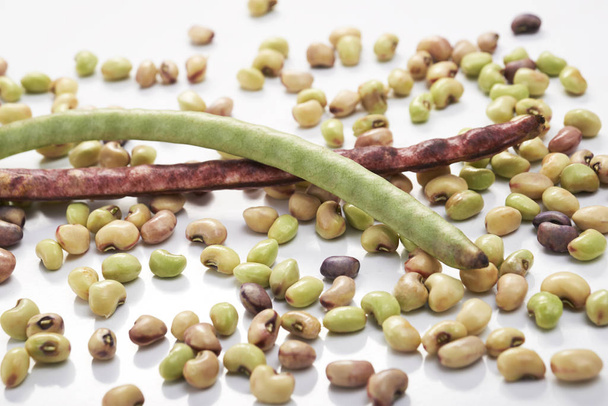 Navlékněte fazole v luskách a zrna na bílém pozadí - Fotografie, Obrázek