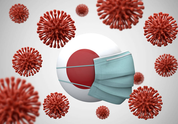 Koruyucu maskeli Japonya bayrağı. Coronavirus konsepti. 3d Hazırlama - Fotoğraf, Görsel