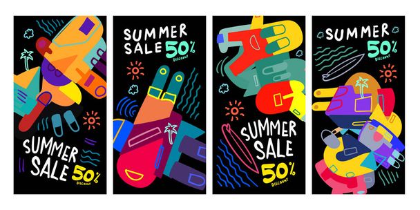 Summer Sale 50% discount Poster and Banner. Promotion flyer, discount voucher template special offer market brochure. Vector doodle illustration set for summer sales. - Vector, Image