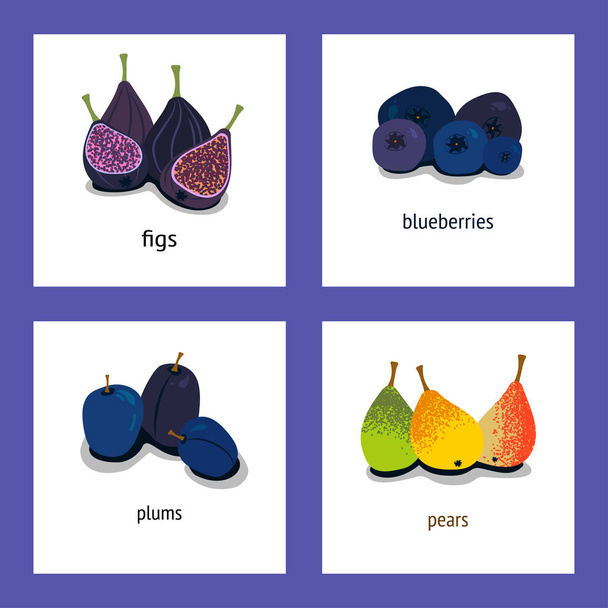 jeu de quatre illustrations avec des fruits aux figues, prunes, poires et bleuets sur fond blanc
 - Vecteur, image