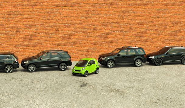 3D-Darstellung eines konzeptionellen Bildes der Flexibilität und Umweltfreundlichkeit eines Stadtautos gegen Geländewagen - Foto, Bild