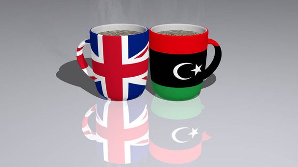 Egyesült Királyság és Líbia elhelyezett egy csésze forró kávé tükrözött a padlón egy 3D-s illusztráció reális perspektívából - Fotó, kép