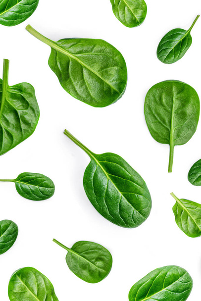 Creative layout made of Fresh spinach leaves isolated on white background. Pattern. Green baby spinach Flat lay.  - Photo, image