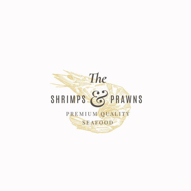The Shrimps and Prawns Farm Abstract Vector Sign, Symbol or Logo Template. Elegant Shrimp Drawing Sketch with Classy Retro Typography. Vintage Luxury Emblem. - Vector, Image