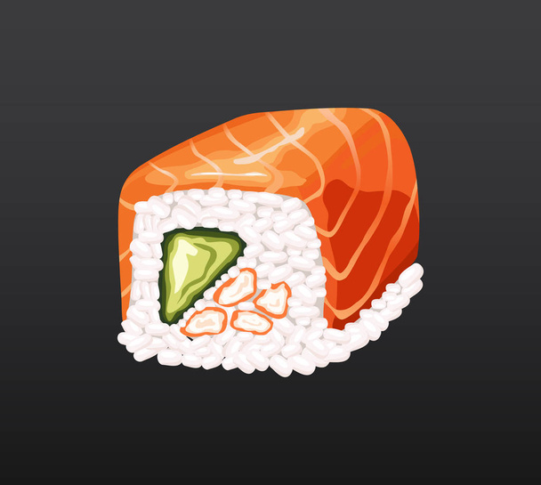 3次元寿司ロール伝統的な海苔新鮮な生食品。日本の魚介寿司ロール.古典的なアジア料理。鮭のクリスと寿司ロール - ベクター画像
