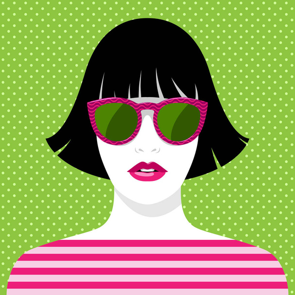 Simple vector portrait of beautiful young woman with full pink lips, black hair, wearing fashionable sunglasses with pattern and striped T-shirt against background with polka-dot pattern - Διάνυσμα, εικόνα