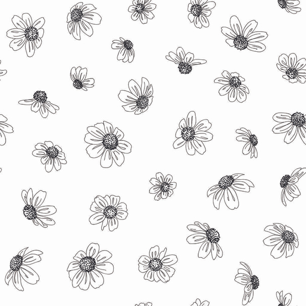 Vector seamless pattern with hand-drawn daisy flowers in line style - Vector, imagen