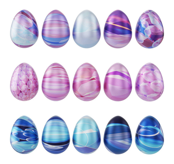 15 colored easter eggs stand in a row on a isolated background. 3d illustration - Foto, Imagen