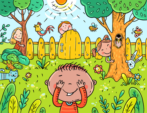 Cartoon kinderen spelen verstoppertje in de tuin - Vector, afbeelding