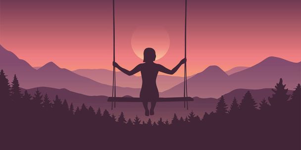 girl on a swing at beautiful purple mountain and forest landscape with rising sun - ベクター画像