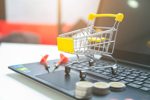 Shopping cart using as e-commerce, online shopping and business marketing concept. - Photo, Image