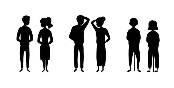 Set Of People Characters In a Different Age. Black Silhouettes Of Men And Women In Different Age. Cute Couples Mature And Elderly People On Abstract Background. Cartoon Flat Vector Illustration - Vector, Image