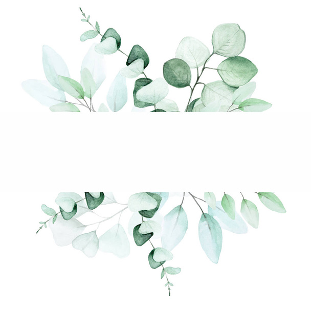 stock ilustración acuarela dibujo. marco de hojas de eucalipto. decoración para tarjetas, invitaciones de boda. espacio para texto
 - Foto, imagen