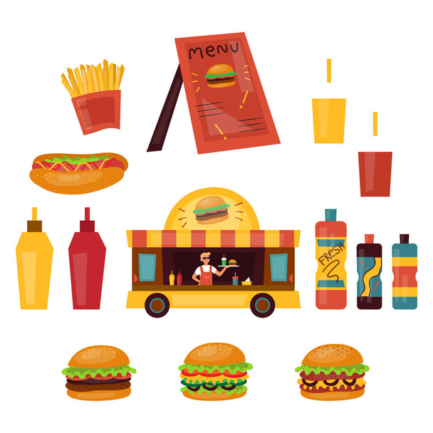 Koncepcja Fast Food. Fast Food Menu Z Hamburgery, Hot Dog, Jedzenie Truck, Soda i różne sosy izolowane na białym tle. Niezdrowe Fastfood Restauracja Menu. Ilustracja wektora płaskiego kreskówki - Wektor, obraz