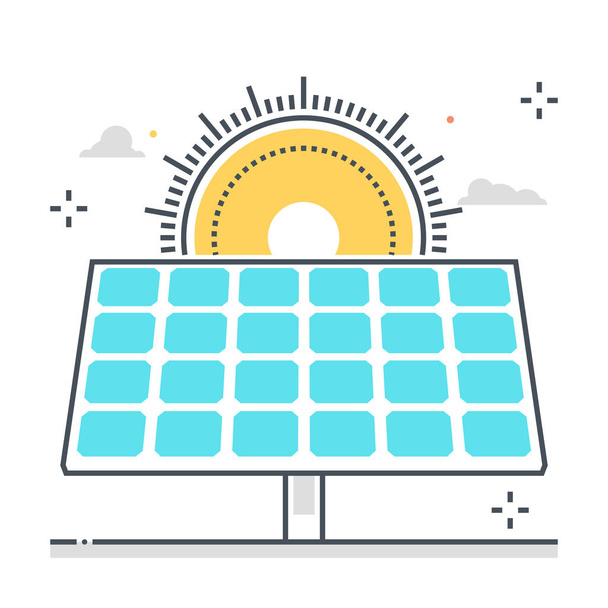 Napenergia panel kapcsolódó színes vonal vektor ikon, illusztráció. Az ikon szól a nap, ökológiai, zöld energia, környezetbarát, megújuló energia, tiszta. A kompozíció végtelenül skálázható.. - Vektor, kép
