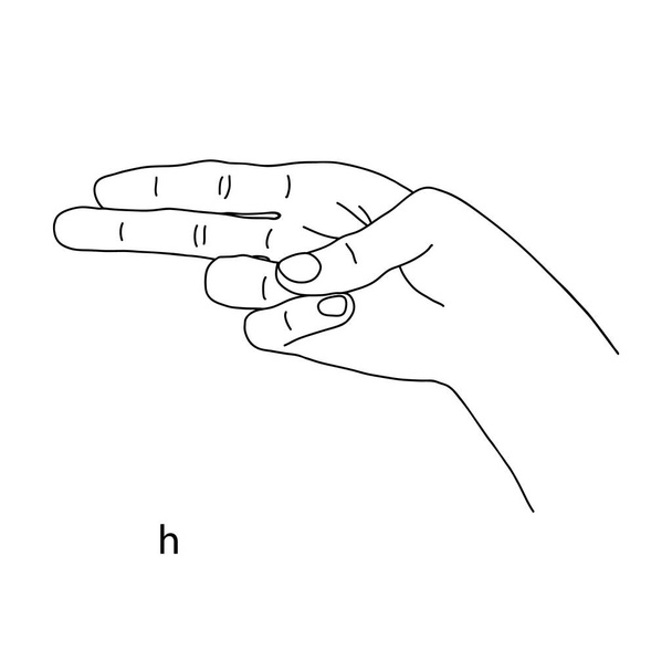 H is the eighth letter of the alphabet in sign language. Vector graphics image of a hand. The language of the deaf and dumb. Line art drawing. Black and white illustration. Fingers folded in letter h - Wektor, obraz