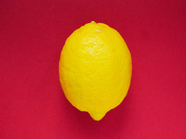 Lemon on a red background, top view. Trendy colorful photo. Minimal style with colorful paper backdrop. Flat lay fashion concept: lemon on pastel background. - Photo, Image