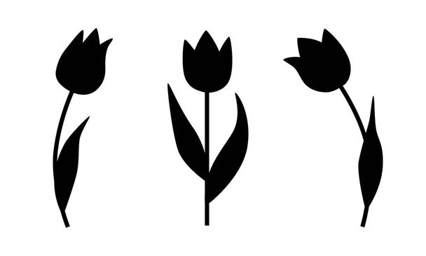 Zestaw czarnych tulipanów sylwetkowych na białym tle. Płaska konstrukcja. Ilustracja wektora - Wektor, obraz