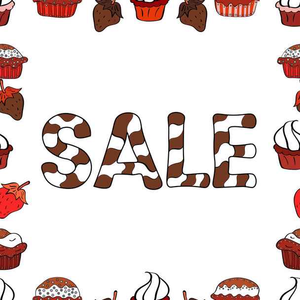 Vector Advertising pictures in white, red and brown colors. Hot Summer Sale Banner Design. Hand Drawn Text on cute Background. Seamless. - Vector, Image