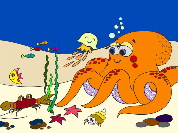 Helder, kleurrijk patroon. De zeebodem met zijn bewoners. Vis met octopus. Cartoon vector - Vector, afbeelding