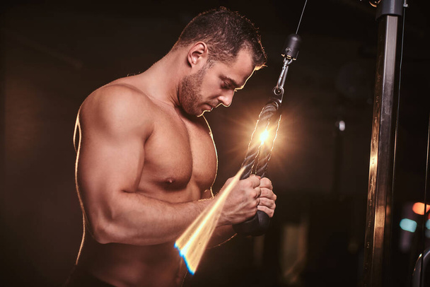 Fit sportsman concentrated on an excersise on a hand pull machine, pumping up his triceps in a dark gym surrounded by smoke - Foto, afbeelding