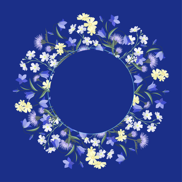 Ilustração vetorial de flores coloridas. Decorações florais de verão em um fundo azul. Moldura decorações florais
 - Vetor, Imagem