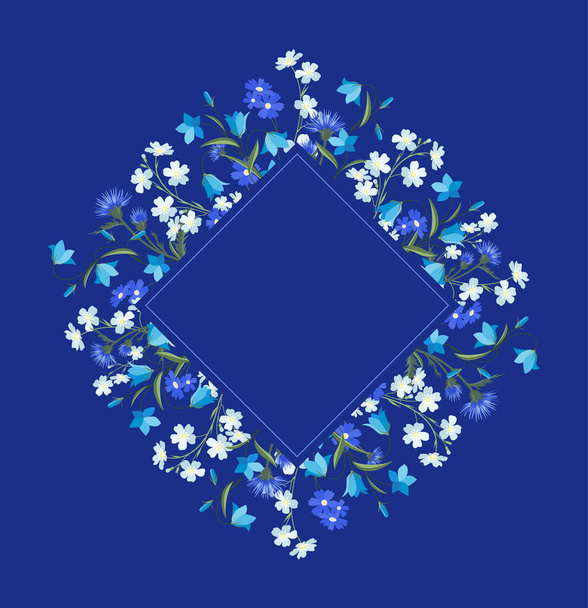 Vektorillustration von bunten Blumen. Sommer-Blumenschmuck auf blauem Hintergrund. Blumenschmuck umrahmen - Vektor, Bild